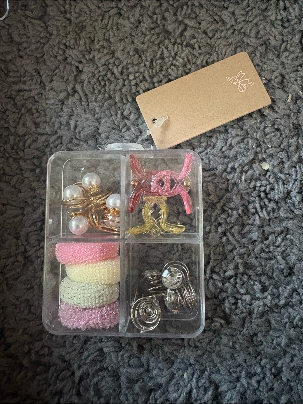 NWT Imitated Pearl box of screw in pearls, & gems, hair ties, & claw clips